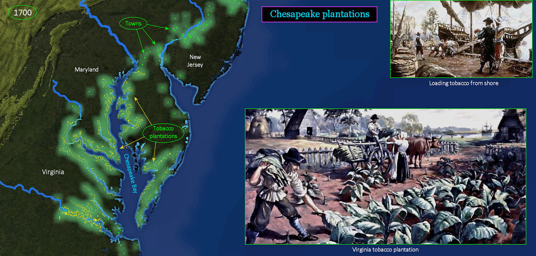 Chesapeake tobacco plantations, 1700 map